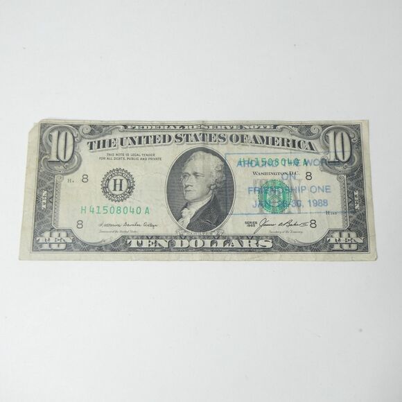 10 Dollar Bill Stamped Around the World Flight Friendship One 1988 US $10 Vtg - Picture 1 of 13
